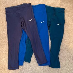 3 pairs Nike dri-fit capri (grey, blue and teal)